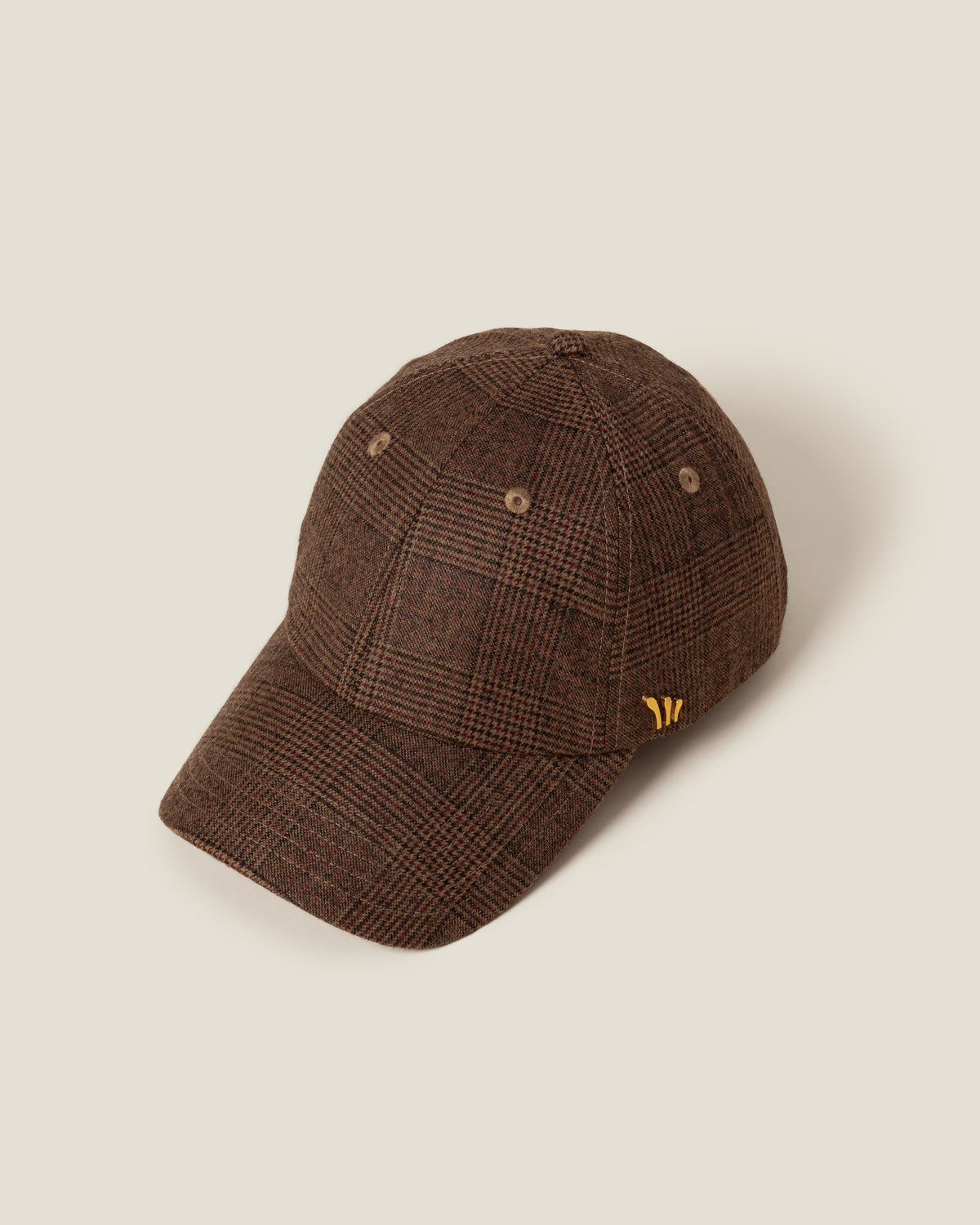 Chatsworth Glen Plaid women’s baseball cap by CHORD in brown and maroon glen plaid wool with gold-plated hardware