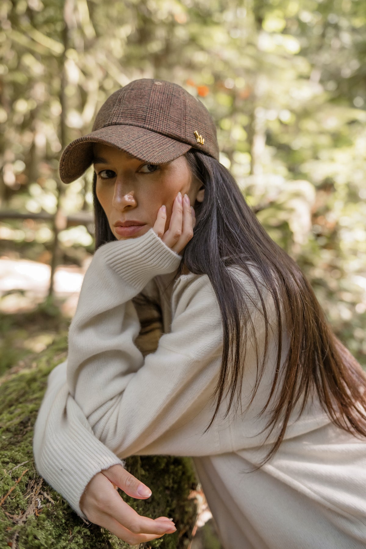Chatsworth Glen Plaid women’s baseball cap by CHORD in brown and maroon glen plaid wool with gold-plated hardware