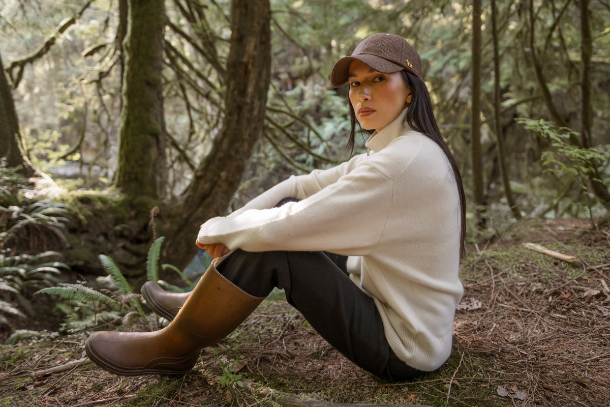 Chatsworth Glen Plaid women’s baseball cap by CHORD in brown and maroon glen plaid wool with gold-plated hardware