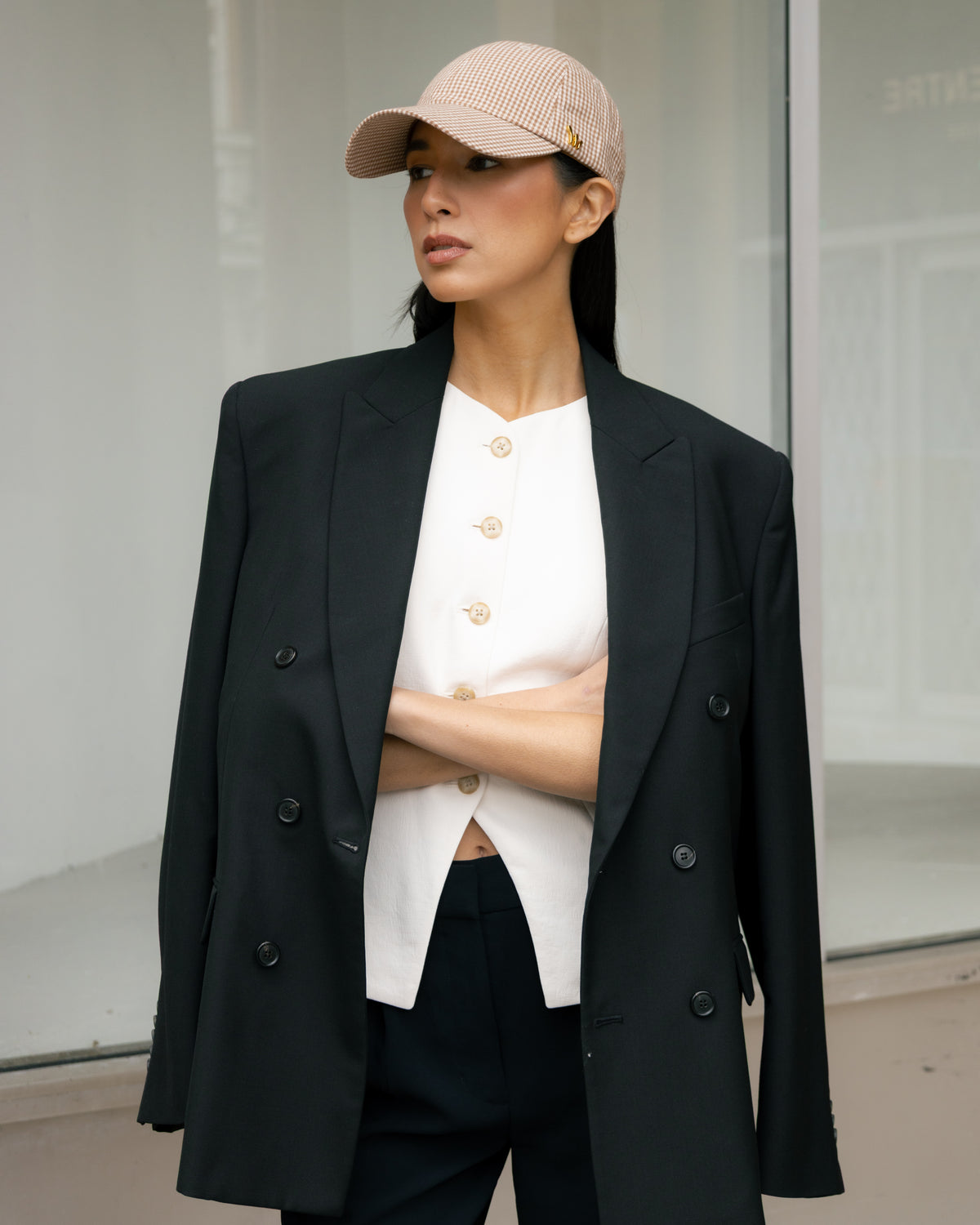 gingham baseball hat in khaki with gold hardware