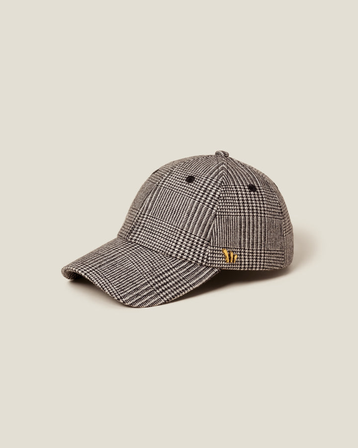 Windsor Glen Plaid women’s baseball cap by CHORD in black and white glen plaid wool with gold-plated hardware