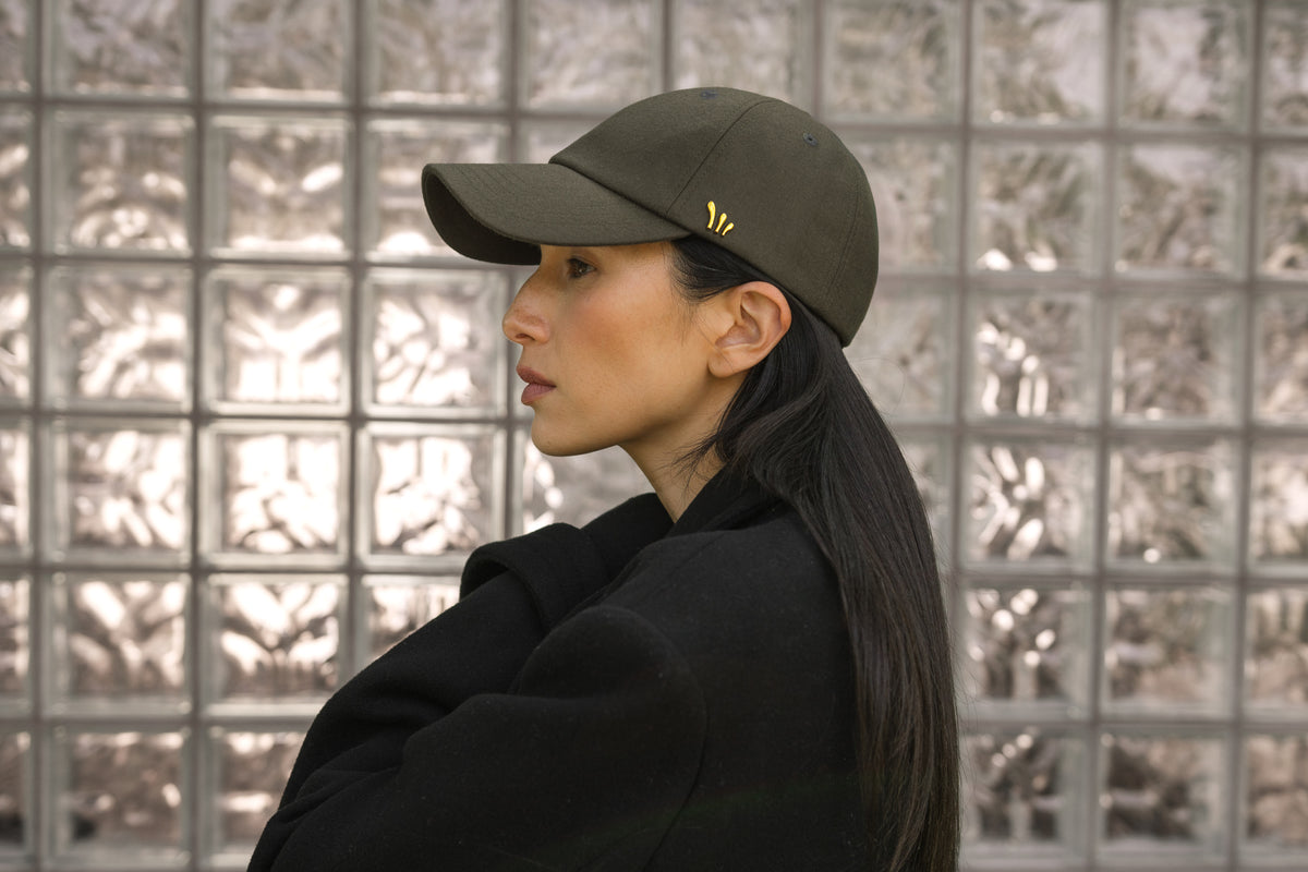 Aspen Wool women’s baseball cap by CHORD in olive green wool with gold-plated hardware