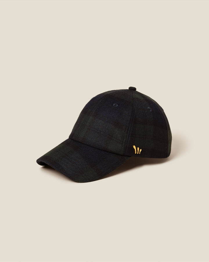 Blackwatch Tartan women’s baseball cap by CHORD in green and navy Blackwatch tartan wool with gold-plated hardware